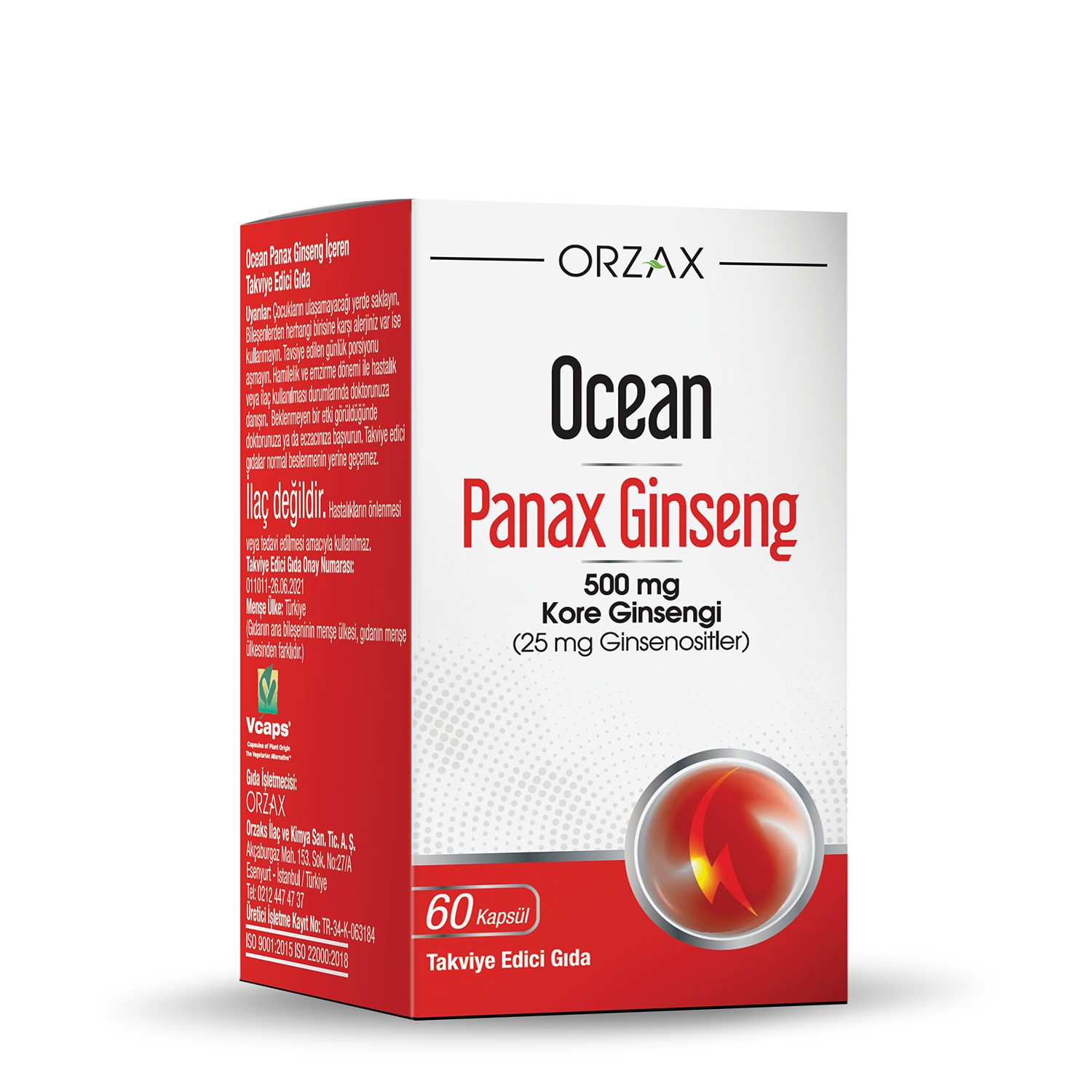 Ocean Panax Ginseng Kore Ginsengi Iceren Takviye Edici Gida 500 Mg 60 Kapsul