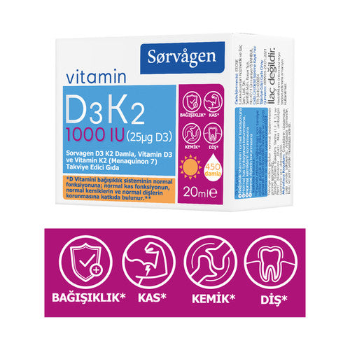Sorvagen Vitamin D3K2 Damla, Vitamin D3 ve Vitamin K2 (Menaquinon 7)-20 ml