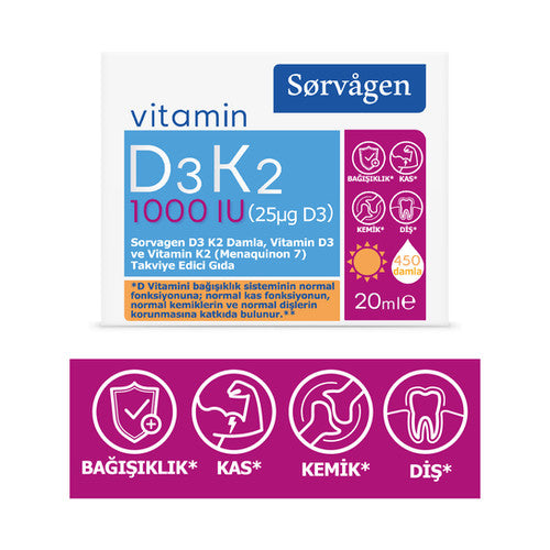 Sorvagen Vitamin D3K2 Damla, Vitamin D3 ve Vitamin K2 (Menaquinon 7)-20 ml