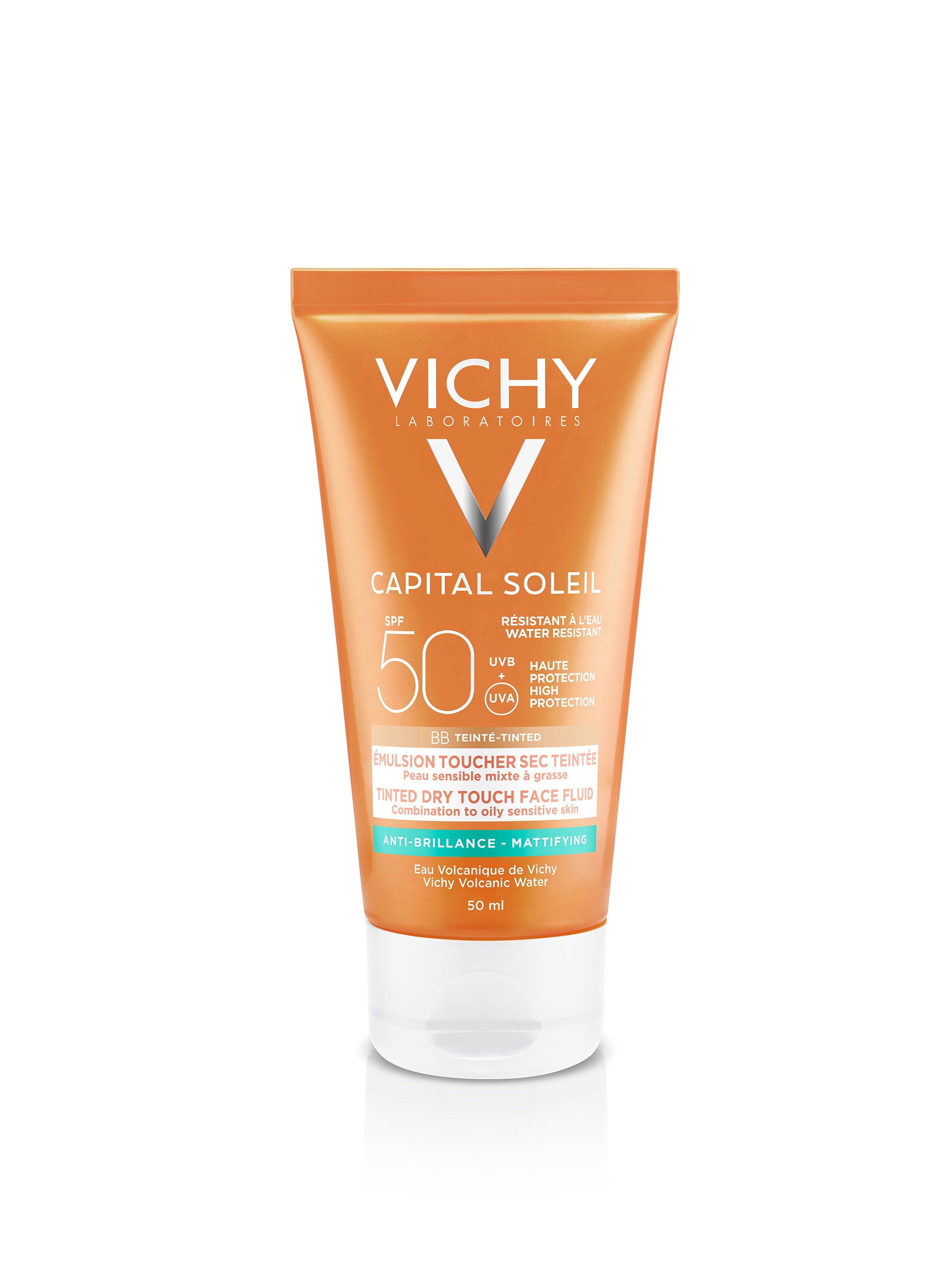 BB Tinted Dry Touch Face Fluid - Parlama karşıtı ve renkli dokulu yüksek korumalı güneş koruyucu yüz kremi SPF 50