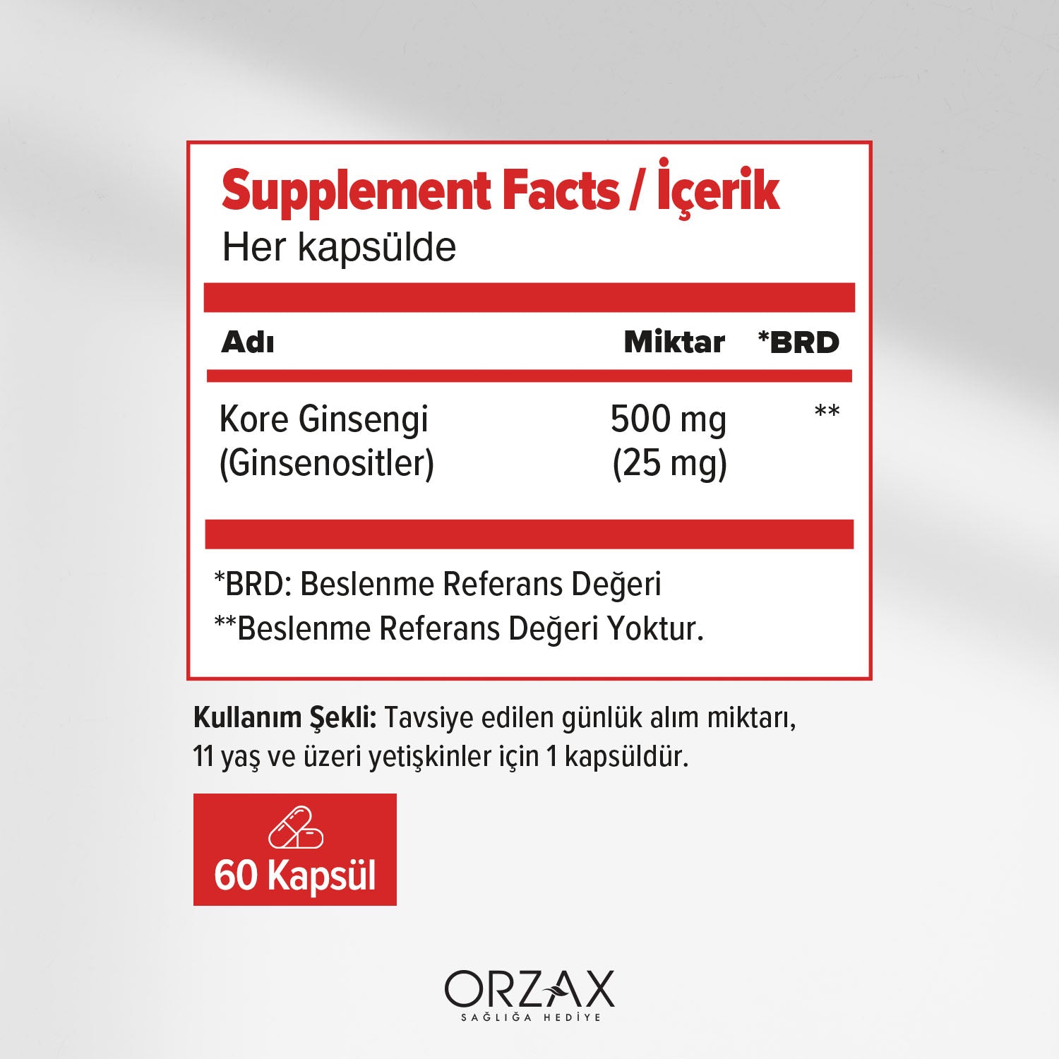 Ocean Panax Ginseng Kore Ginsengi Iceren Takviye Edici Gida 500 Mg 60 Kapsul