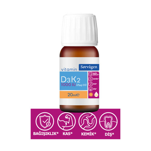 Sorvagen Vitamin D3K2 Damla, Vitamin D3 ve Vitamin K2 (Menaquinon 7)-20 ml